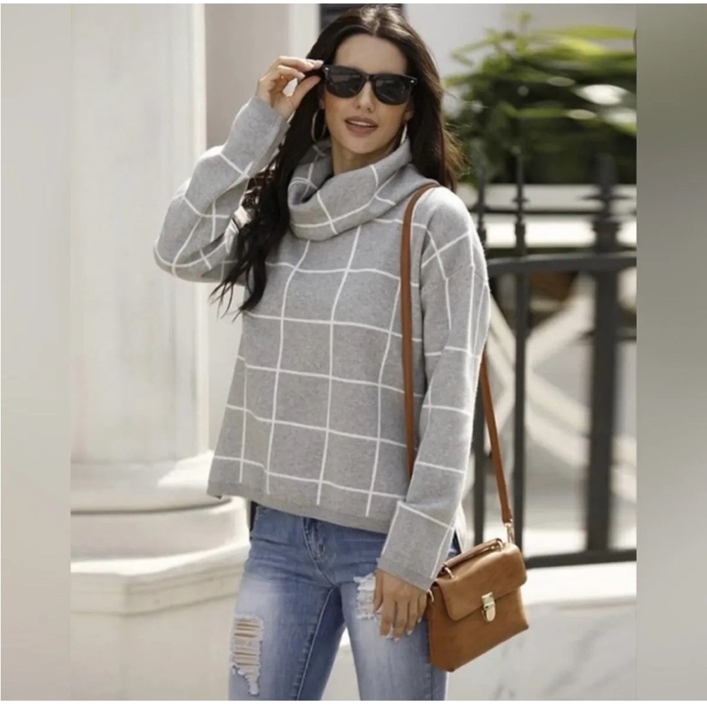 Calvin Klein Cowl Neck Windowpane Sweater Gray Size S